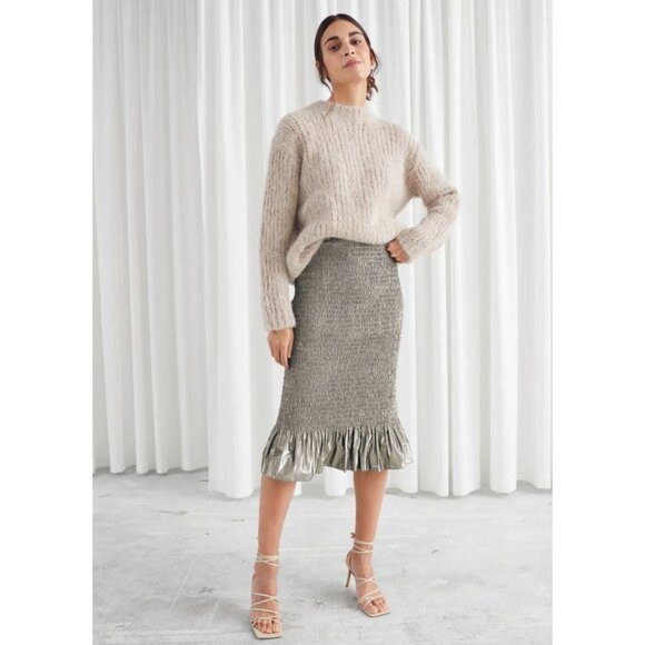 And Other Stories Stockholm Smocked Metallic Midi Ruffle Skirt Silver Pencil 6 - Picture 1 of 11